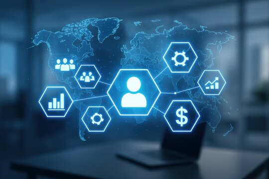 Digital Network Connections with Global Map and Business Icons for Technology and Communication