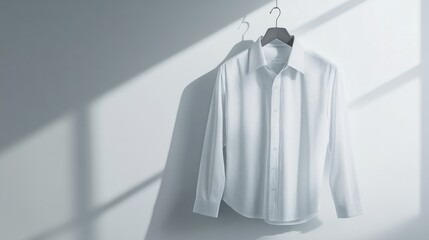 white long-sleeved button-down shirt, hanging on a wooden hanger, white background generative ai