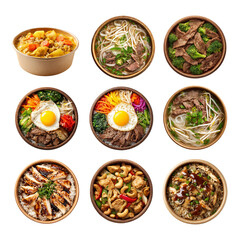 A vibrant assortment of delicious, colorful Asian dishes served in bowls. Asian Food isolated on white background, Transparent Background