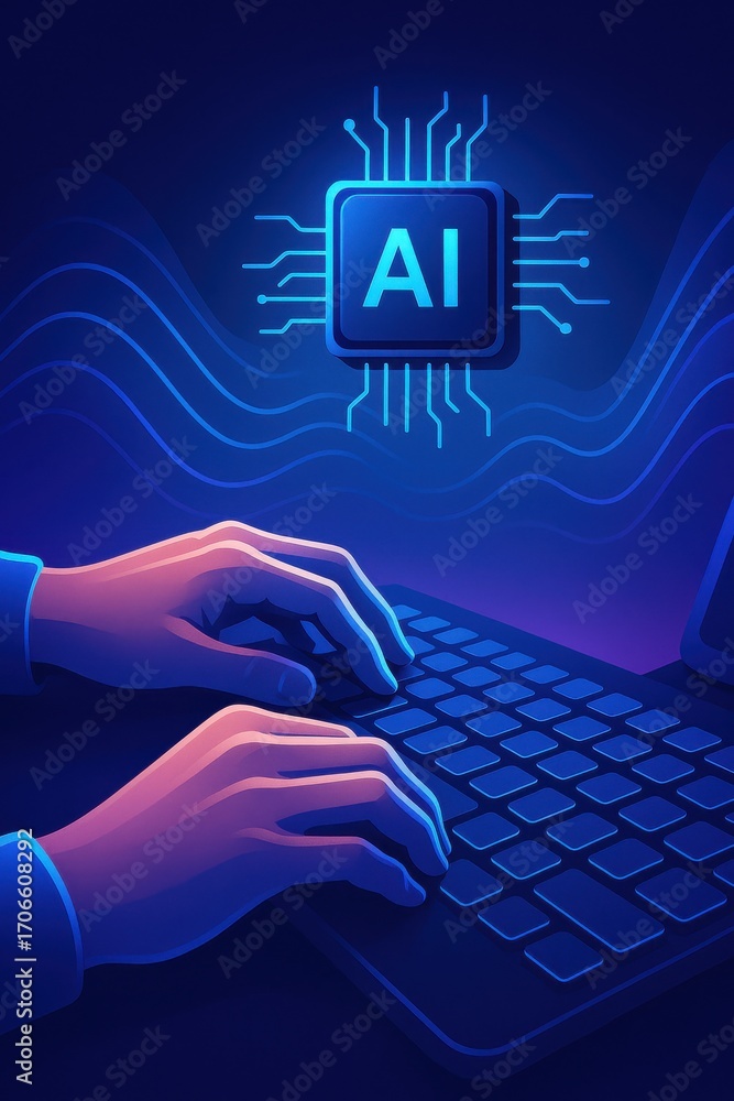 Aufkleber hands typing on keyboard with ai chip and digital waves in a dark futuristic environment