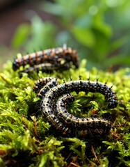 Close-up of several caterpillars on moss