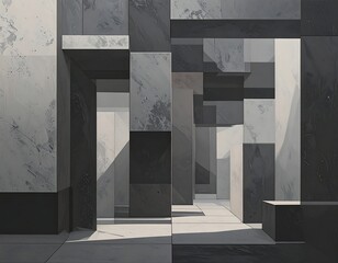 Abstract, light-filled, gray stone corridors