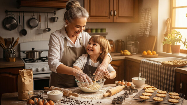 Grandmother and child joyfully bake cookies together in a bright kitchen filled with ingredients and baking tools creating a heartwarming family moment.