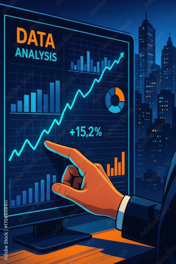 Aufkleber data analysis concept with finger pointing at growing charts on computer screen at night
