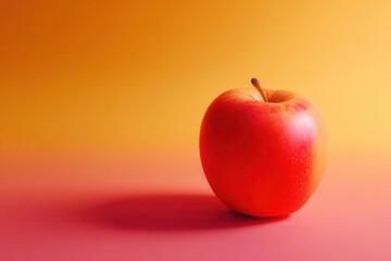 A single red apple rests on a gradient background of orange and pink hues. The apple is shiny and fresh, showcasing its vibrant color and smooth surface.