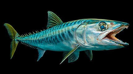 Fototapeta premium Vibrant Blue and Green Striped Fish with Open Mouth Against Black Background