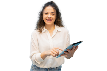 Cheerful businesswoman using digital tablet, enjoying online work, isolated on transparent background