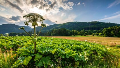 Lush green field with tall plant, sunlit hills