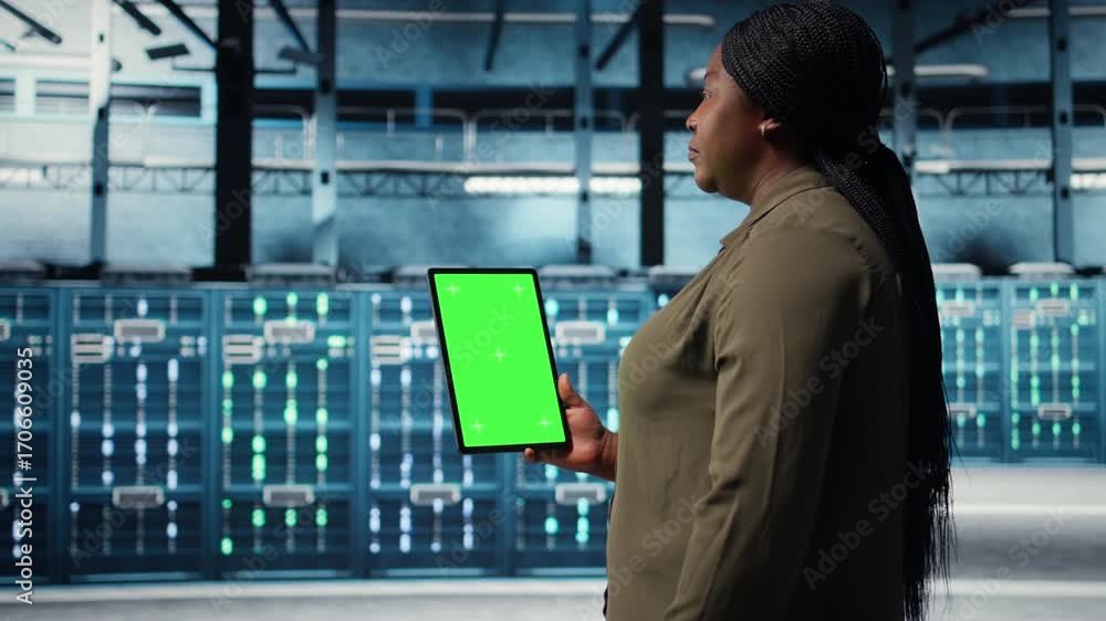 Aufkleber admin with isolated screen tablet in data center implementing advanced power management solutions. e