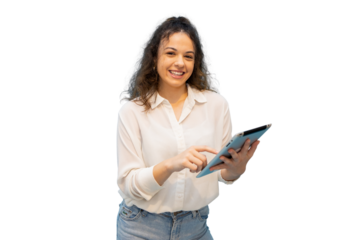 Smiling businesswoman holding a digital tablet, showcasing modern technology while standing against a transparent background
