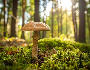 Mushroom in forest floor bathed in sunlight
