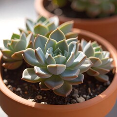 Close-up of light-green succulent in terracotta pot