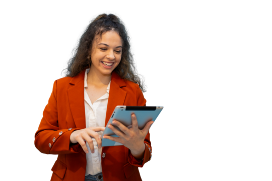 Young manager smiling and using digital tablet on transparent background, ready for easy compositing