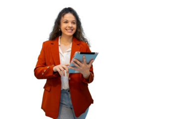 Young businesswoman holding and using a tablet with a transparent background, perfect for easy integration into any project