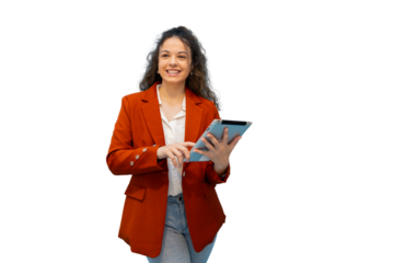 Young manager smiling while using a tablet, showcasing confidence and professionalism against a transparent background