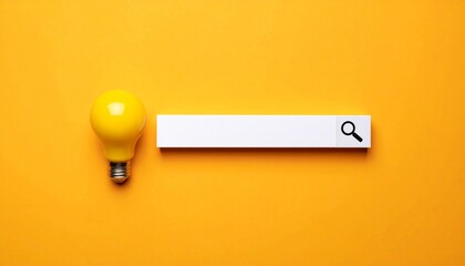 Generating ideas and finding answers A yellow light bulb next to a search bar on an orange background, representing innovation and discovery