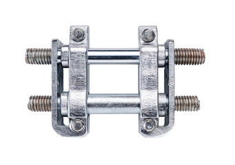 Metal linkage,  two parallel rods,  clamped by  metal brackets,  with bolts