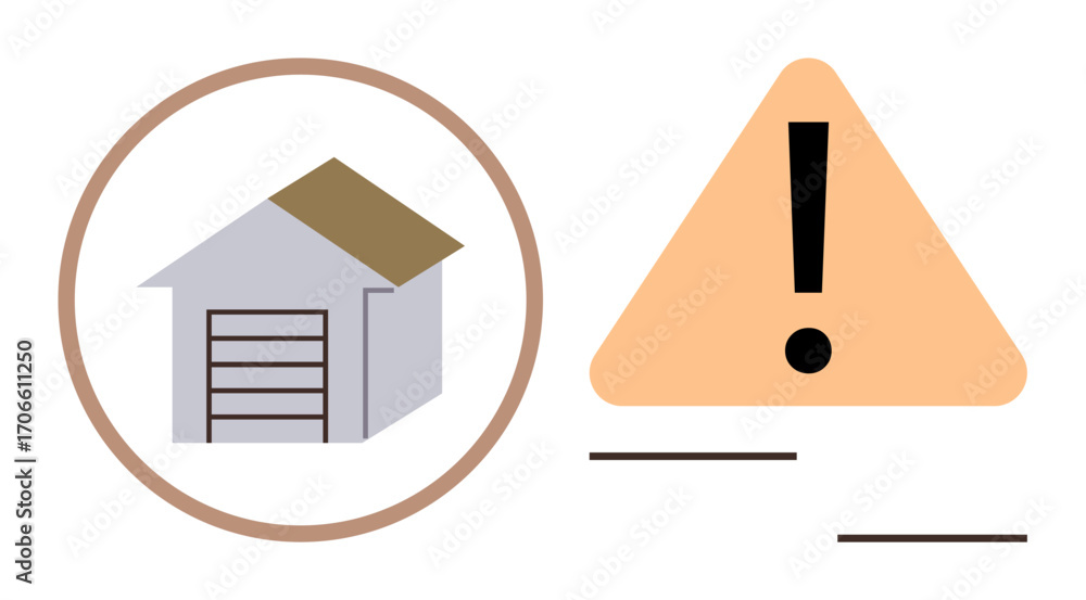 Poster house garage in circular frame next to orange warning triangle with exclamation mark. ideal for home