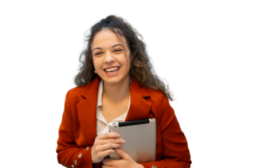 Professional businesswoman laughing, holding tablet during office meeting, white background