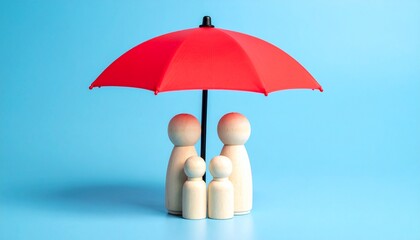 Family's well-being protected under a red umbrella, symbolizing security and care