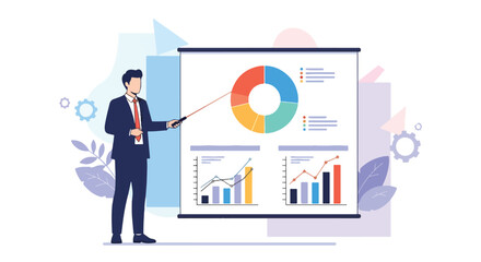 Flat illustration of a businessman presenting charts and graphs on a digital screen, explaining data analysis, financial growth, and strategy for corporate success and business decision-making