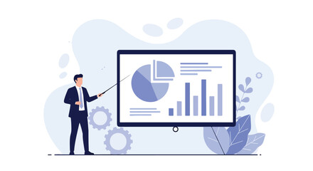 Flat illustration of a businessman presenting charts and graphs on a digital screen, explaining data analysis, financial growth, and strategy for corporate success and business decision-making