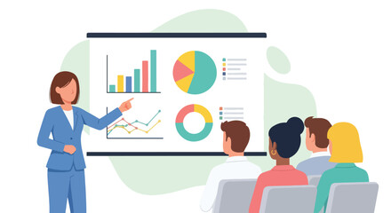 Flat illustration of a businesswoman giving a training presentation with charts and graphs to an audience, focusing on strategy, growth, financial analysis, teamwork, and corporate education