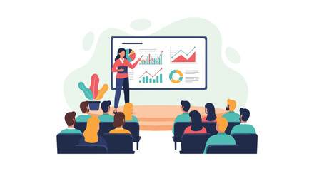 Flat illustration of a businesswoman giving a training presentation with charts and graphs to an audience, focusing on strategy, growth, financial analysis, teamwork, and corporate education