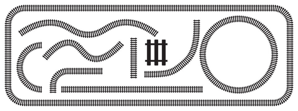 Set of children railroad toy segments. Rail road elements in top view. Train track straight, curved and wavy lines, round frame isolated on white background. Vector graphic illustration