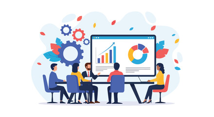 Flat vector illustration of a business team meeting analyzing charts and graphs on a big screen, discussing strategy, growth, performance, and financial data for decision-making and success