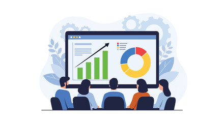 Flat vector illustration of a business team meeting analyzing charts and graphs on a big screen, discussing strategy, growth, performance, and financial data for decision-making and success