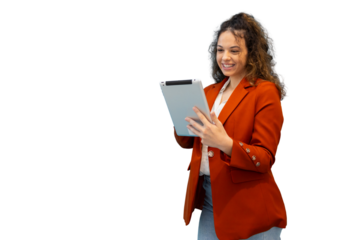 Businesswoman smiling confidently while using a digital tablet, showcasing modern technology and professional communication skills on a transparent background