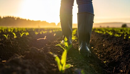 Farmer in boots walking through a field at sunset
