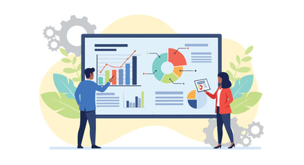 Fototapeta premium Flat style vector illustration of business team analyzing charts and graphs on a large screen, discussing data, financial reports, marketing strategies, and corporate growth planning