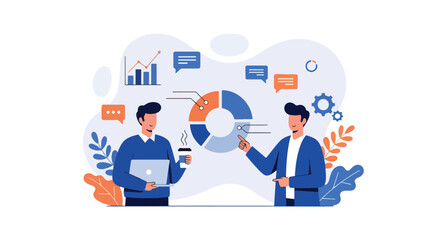 Flat style vector illustration of two persons analyzing infographic charts, sharing ideas, goals, and data for strategy, teamwork, financial growth, and corporate success