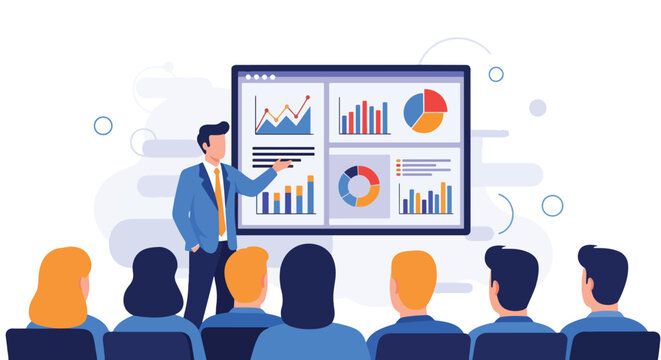 Flat style vector illustration of a businessman giving a presentation with charts and graphs to a team, discussing financial growth, business strategy, marketing performance, and corporate planning
