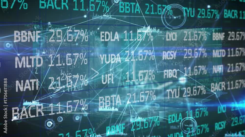 Poster dark digital grid initiating data flow tickers updating percentages and nodes shifting for analysis
