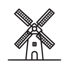 Illustration of a windmill, the windmill has four blades and is drawn in a simple, minimalist style, perfect for representing renewable energy, agriculture, or netherlands