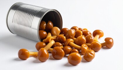 A metallic can tipped over, spilling a pile of glistening, amber-colored pickled mushrooms onto a clean white surface