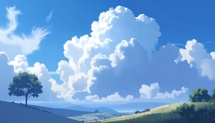 Sunny landscape with fluffy clouds