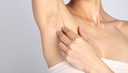 A woman concerned about her armpit, showing dark, bumpy skin and ingrown hairs as a result of shaving or hair removal