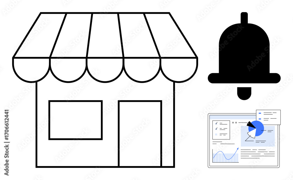 Aufkleber storefront beside a notification bell and analytics dashboard showing graph and pie chart. ideal for