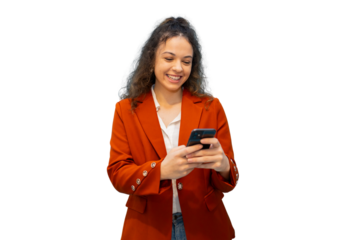 Professional businesswoman smiling while checking smartphone, radiating confidence with transparent backdrop