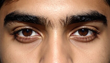 Fototapeta premium Close-up of a young man's expressive brown eyes, framed by dark eyebrows, capturing a moment of intense focus or contemplation