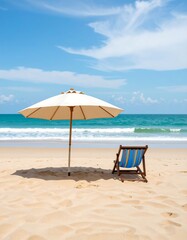 Empty beach chair and umbrella on golden sand, blue ocean, bright sky