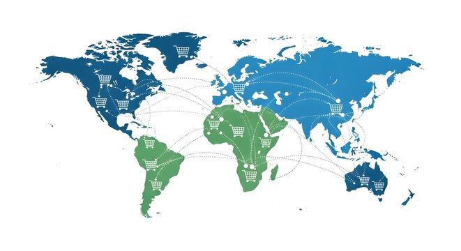 Global e-commerce network connecting continents with shopping cart icons illustrating international trade