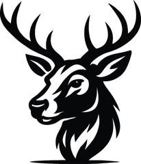 Naklejka premium A striking black deer head silhouette with detailed antlers, perfect for nature lovers, hunting fans, rustic art, outdoor themes, and wildlife-inspired designs.