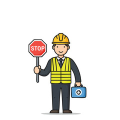 A friendly cartoon worker, wearing a hard hat and reflective vest, holds a stop sign and a first aid kit, promoting occupational safety.