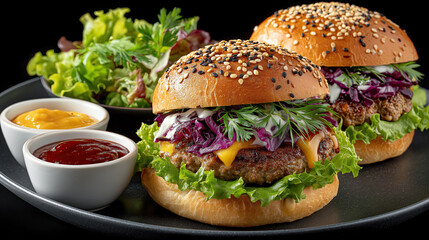 Delicious vegan burgers with sesame seed buns, fresh lettuce, and vibrant toppings served with condiments on black plate
