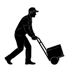 Delivery person pushing a box on a hand truck